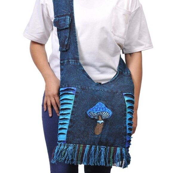 Mushroom Embroidered Hippie Boho Crossbody Cotton Hobo Bag - Picture 2 of 7